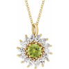 14 Karat Yellow Gold Natural Peridot and 0.60 Carat Natural Diamond Halo 16 inch Pendant