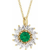 14 Karat Yellow Gold Lab Grown Emerald & 0.60 Carats Natural Diamond Halo 16 to 18 inch Pendant