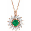 14 Karat Rose Gold Natural Emerald and 0.60 Carat Natural Diamond Halo 16 inch Pendant