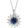 Sterling Silver Natural Blue Sapphire & 0.60 Carats Natural Diamond Halo 16 to 18 inch Pendant