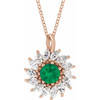 14 Karat Rose Lab Grown Emerald & 0.60 Carats Natural Diamond Halo-Style 16 to 18 inch Necklace