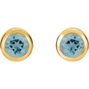 14 Karat Yellow Gold Bezel Set Round Shape Aquamarine Stud Earrings.