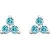 14K White Natural Blue Zircon Three Stone Earrings