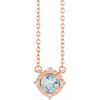 14 Karat Rose Gold Natural Aquamarine & .04 Carat Weight Natural Diamond Halo 18 inch Necklace