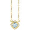 14 Karat Yellow Gold Natural Aquamarine & .04 Carat Weight Natural Diamond Halo 18 inch Necklace