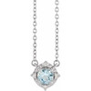 Sterling Silver Natural Aquamarine & .04 Carat Weight Natural Diamond Halo 18 inch Necklace