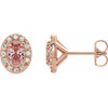 French Set Halo Style Earrings Mounting in 14 Karat Rose Gold for Oval Stone, 1.29 grams