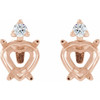 Heart 4 Prong Accented Stud Earrings Mounting in 14 Karat Rose Gold for Heart shape Stone, 0.83 grams