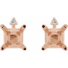 Square 4 Prong Accented Stud Earrings Mounting in 14 Karat Rose Gold for Square Stone, 1.13 grams
