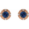 Round 4 Prong Halo Style Earrings Mounting in 14 Karat Rose Gold for Round Stone, 3.17 grams