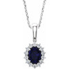 14 Karat White Gold Genuine Chatham Blue Sapphire & 0.33 Carat Diamond 18" Necklace