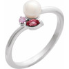 14K White Cultured Akoya Pearl, Natural Pink Tourmaline & Natural Pink Sapphire Ring
