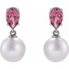 Sterling Silver Cultured White Akoya Pearl & Natural Pink Tourmaline Earrings