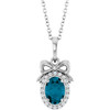 14 Karat White Gold Natural London Blue Topaz & .08 CTW Natural Diamond Bow 16-18" Necklace