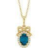 14K Yellow Natural London Blue Topaz & .08 CTW Natural Diamond Bow 16-18" Necklace