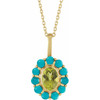 14K Yellow Natural Peridot & Natural Turquoise Halo-Style 16-18" Necklace