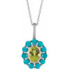 Platinum Natural Peridot & Natural Turquoise Halo-Style 16-18" Necklace