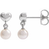 Platinum Cultured White Freshwater Pearl & Heart Dangle Earrings