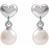 Platinum Cultured White Freshwater Pearl & Heart Dangle Earrings