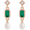 14 Karat Rose Gold Lab-Grown Emerald, Cultured White Akoya Pearl & .05 CTW Natural Diamond Earrings