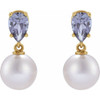 14K Yellow Cultured White Akoya Pearl & Natural Tanzanite Earrings
