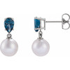 Platinum Cultured White Akoya Pearl & Natural London Blue Earrings
