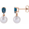 14K Rose Cultured White Akoya Pearl & Natural London Blue Earrings