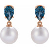 14K Rose Cultured White Akoya Pearl & Natural London Blue Earrings