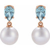 14 Karat Rose Gold Cultured White Akoya Pearl & Natural Aquamarine Earrings