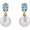 14K Yellow Cultured White Akoya Pearl & Natural Aquamarine Earrings