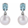 14K White Cultured White Akoya Pearl & Natural Aquamarine Earrings