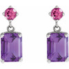 Sterling Silver Natural Amethyst & Natural Pink Tourmaline Dangle Earrings