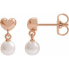 14K Rose Cultured White Freshwater Pearl & Heart Dangle Earrings