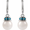 14K White Cultured White Freshwater Pearl & Natural London Blue Topaz Hoop Earrings