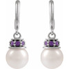 14K White Cultured White Freshwater Pearl & Lab-Grown Purple Sapphire Hoop Earrings