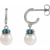 Platinum Cultured White Freshwater Pearl & Natural London Blue Topaz Hoop Earrings