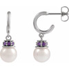 Sterling Silver Cultured White Freshwater Pearl & Lab-Grown Purple Sapphire Hoop Earrings