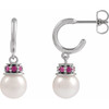 14K White Cultured White Freshwater Pearl & Natural Pink Tourmaline Hoop Earrings
