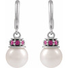 14K White Cultured White Freshwater Pearl & Natural Pink Tourmaline Hoop Earrings
