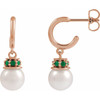 14K Rose Cultured White Freshwater Pearl & Natural Tsavorite Garnet Hoop Earrings