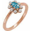 14K Rose Natural London Blue Topaz & Cultured White Seed Pearl Halo-Style Ring