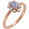 14K Rose Natural Tanzanite & Cultured White Seed Pearl Halo-Style Ring