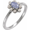 14K White Natural Tanzanite & Cultured White Seed Pearl Halo-Style Ring