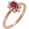 14K Rose Natural Rhodolite Garnet & Cultured White Seed Pearl Halo-Style Ring