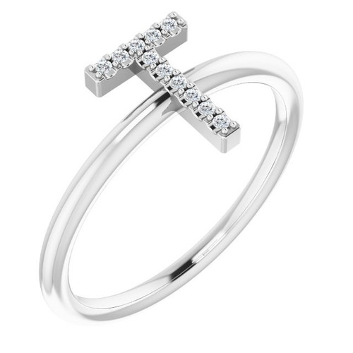 White Diamond Ring in 14 Karat White Gold .06 Carat Diamond Initial T Ring