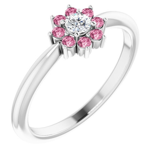 Sterling Silver Pink Tourmaline and .06 Carat Diamond Flower Ring