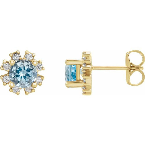 14 Karat Yellow Gold Aquamarine and .07 Carat Diamond Earrings