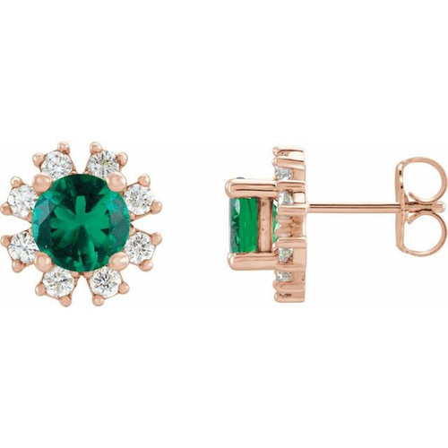 14 Karat Rose Gold Emerald and .07 Carat Diamond Earrings
