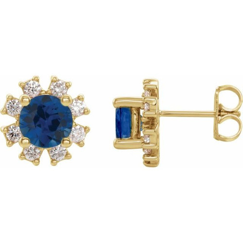 14 Karat Yellow Gold Genuine Blue Sapphire and .07 Carat Diamond Earrings