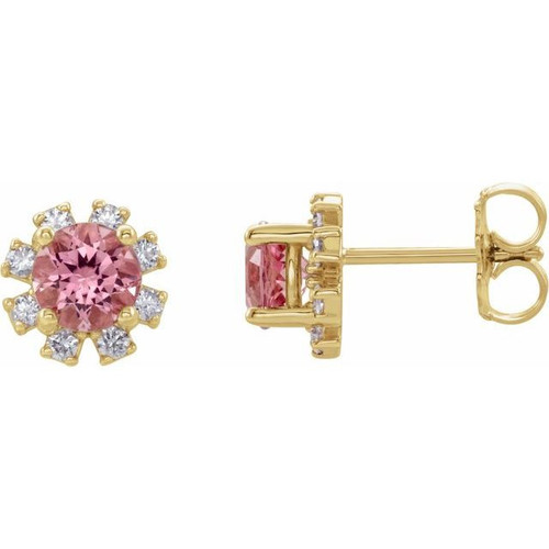 14 Karat Yellow Gold Pink Tourmaline and .07 Carat Diamond Earrings